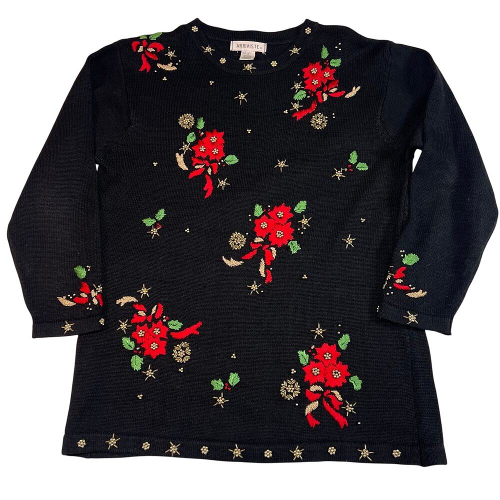 Christmas Sweater Women Size S black Poinsettia Embroidered Grandma Teacher VTG